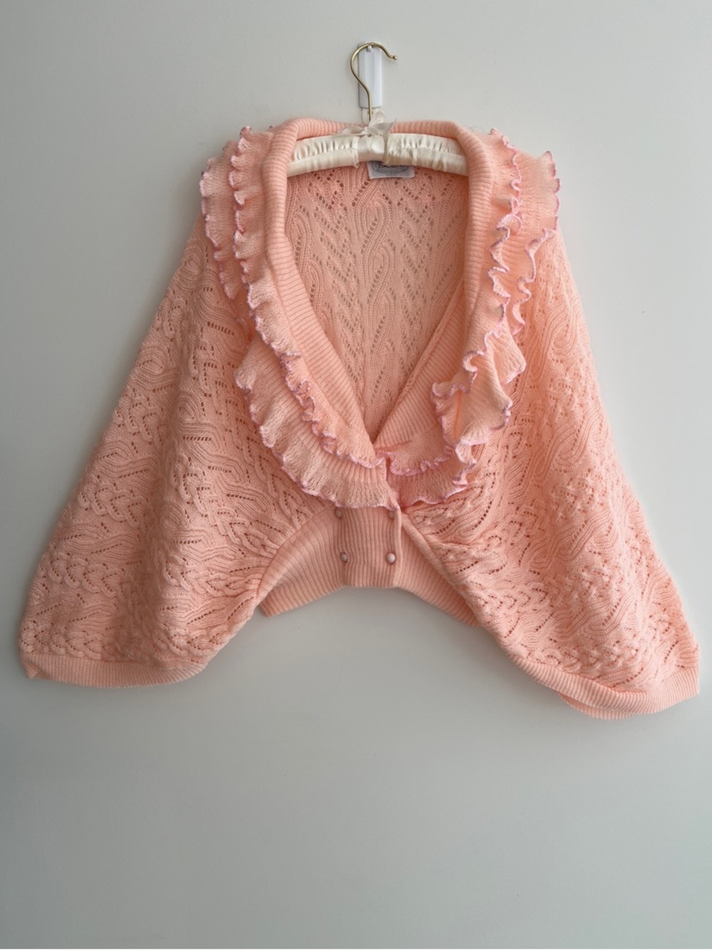VINTAGE Eaton Batwing Lacy Cable Knit Cardigan Ruffles Feminine Romantic 70's - Picture 9 of 17